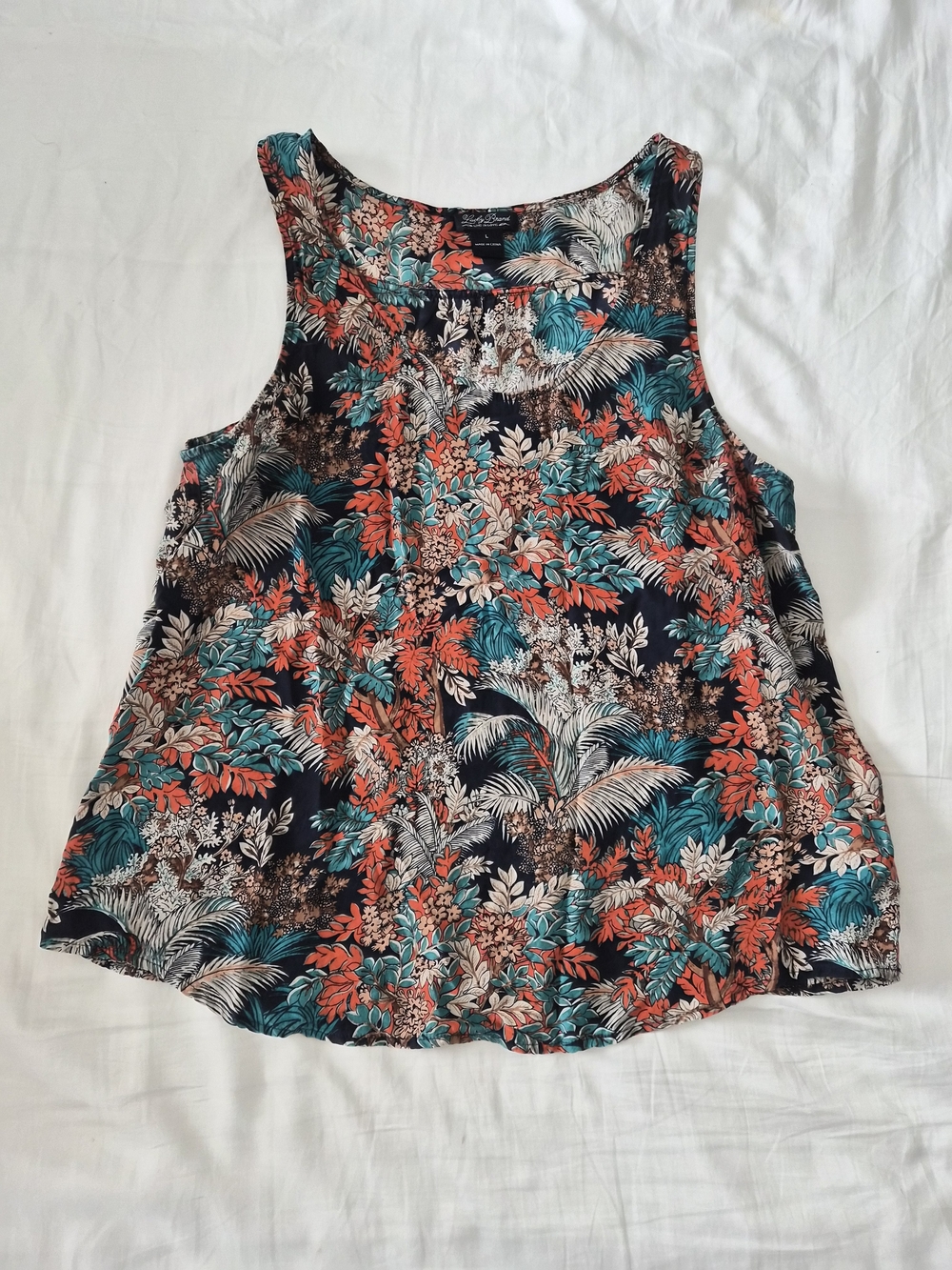 Lucky Brand Navy Floral Tank with Teal & Coral Accents 100% Silk